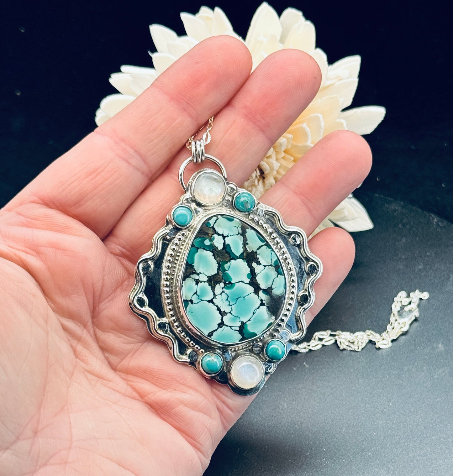 Hubei Turquoise and Rainbow Moonstone Statement Pendant