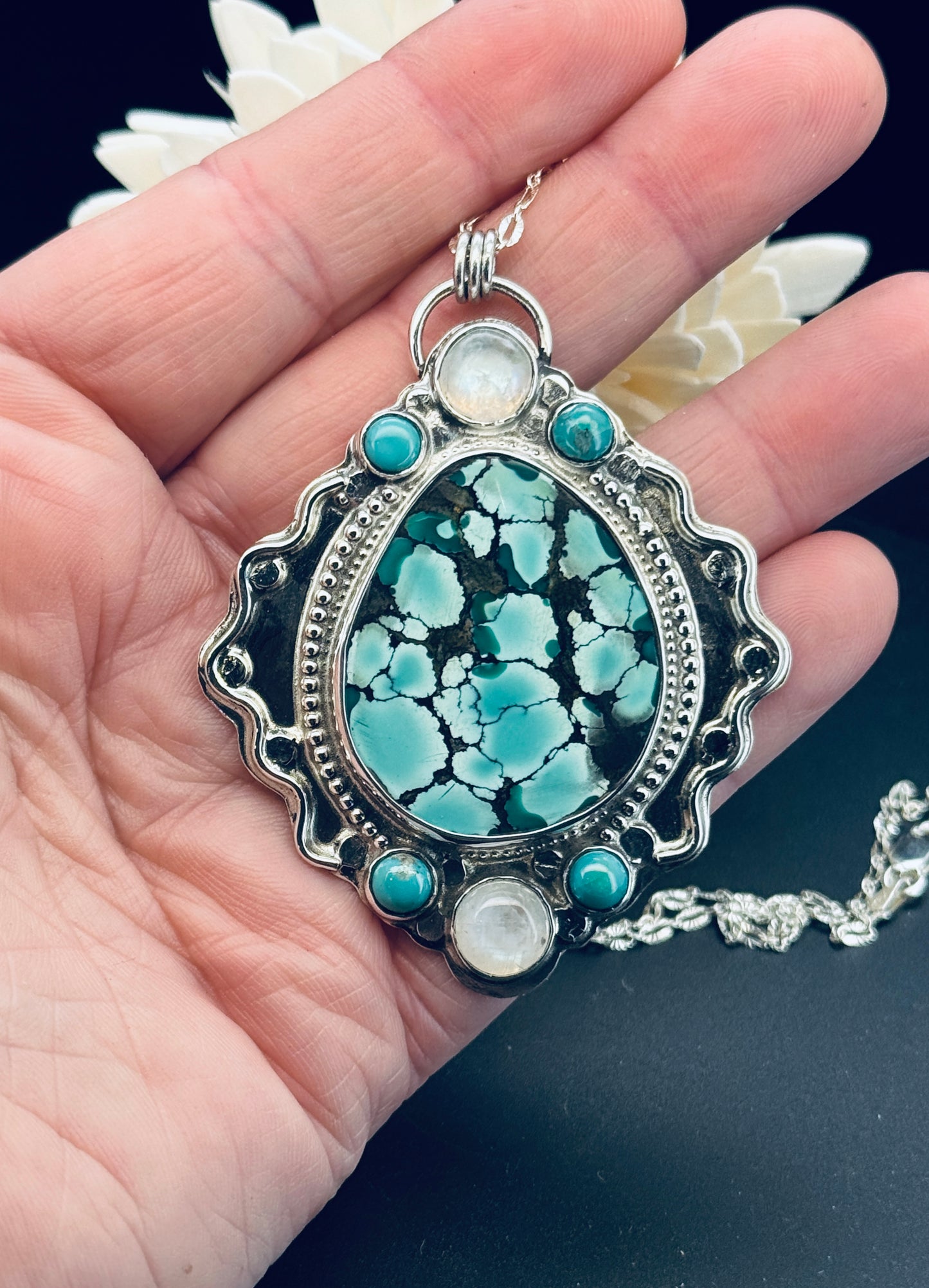 Hubei Turquoise and Rainbow Moonstone Statement Pendant