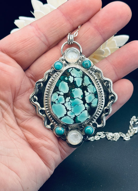 Hubei Turquoise and Rainbow Moonstone Statement Pendant