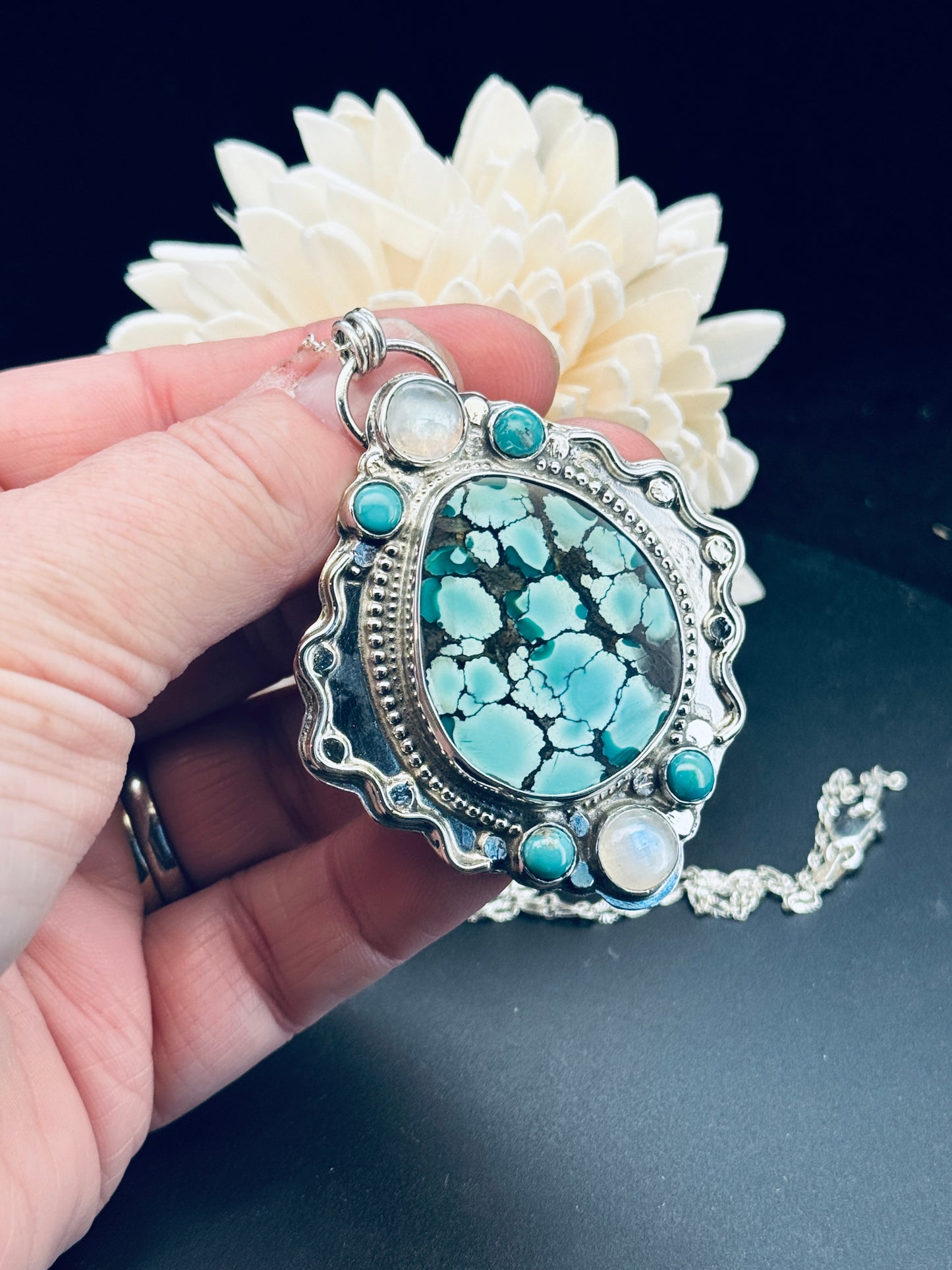 Hubei Turquoise and Rainbow Moonstone Statement Pendant