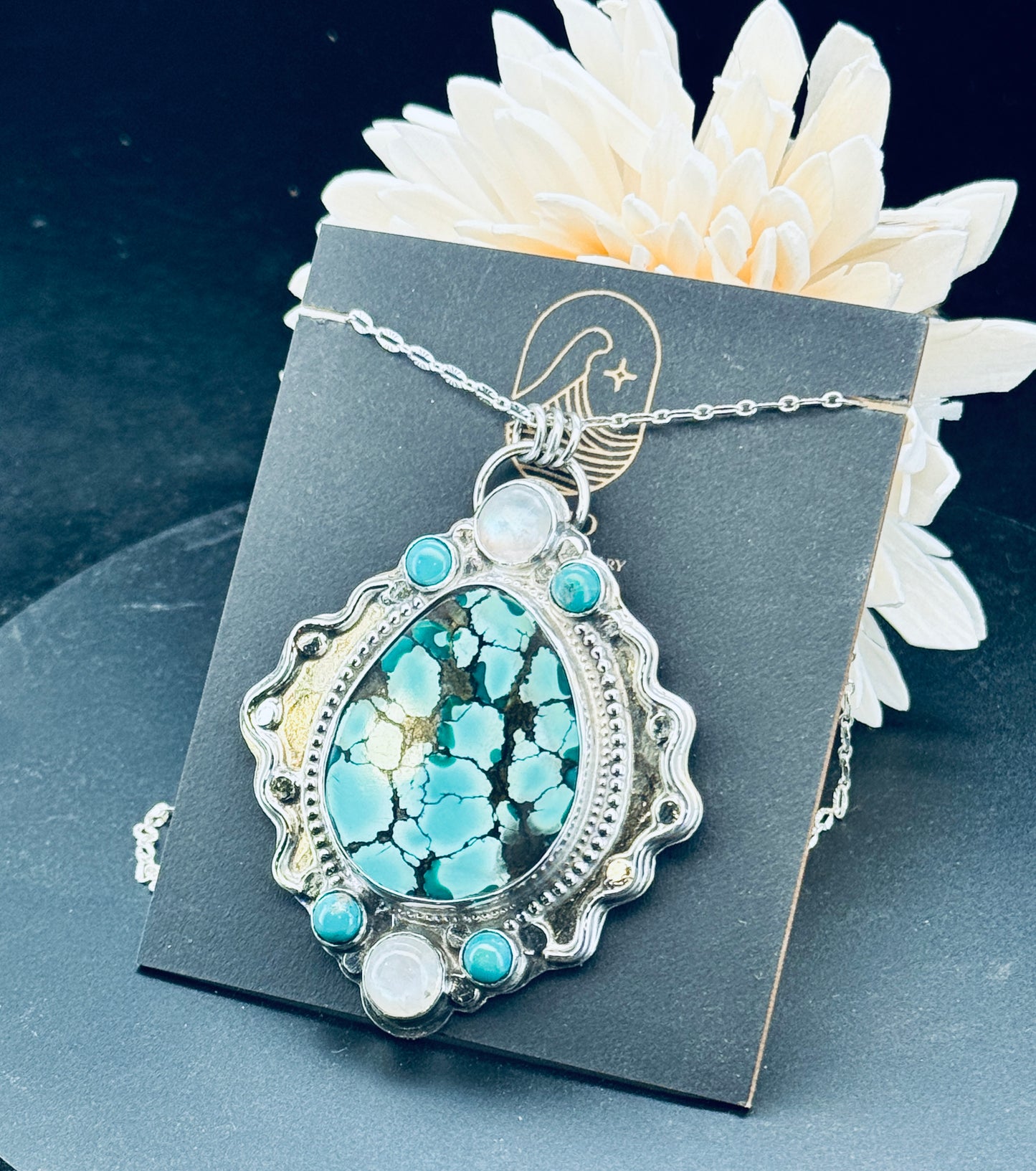 Hubei Turquoise and Rainbow Moonstone Statement Pendant