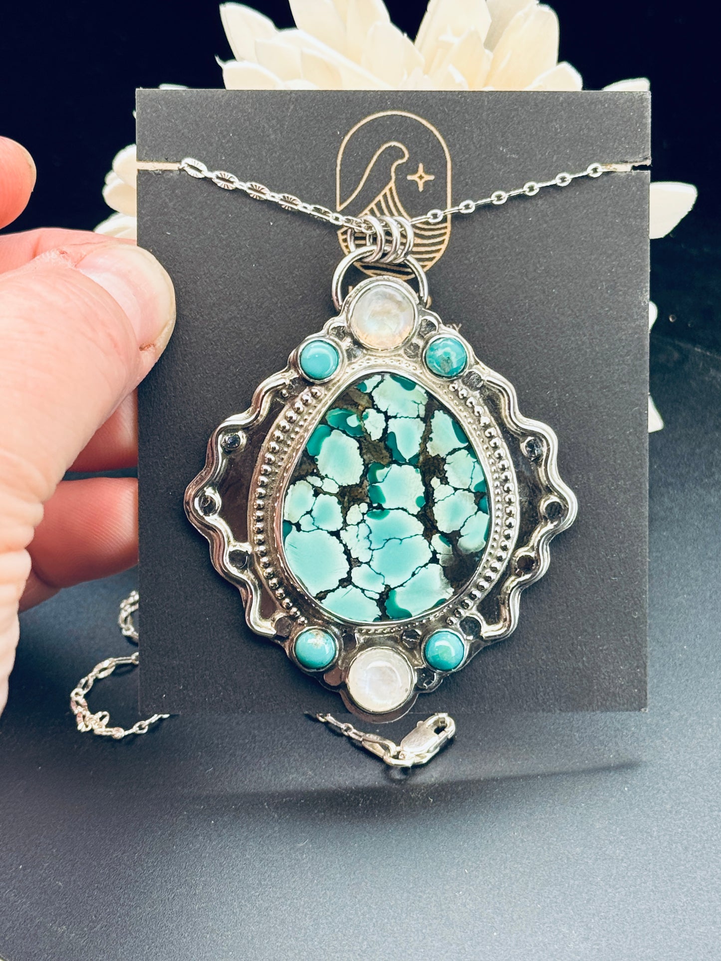 Hubei Turquoise and Rainbow Moonstone Statement Pendant