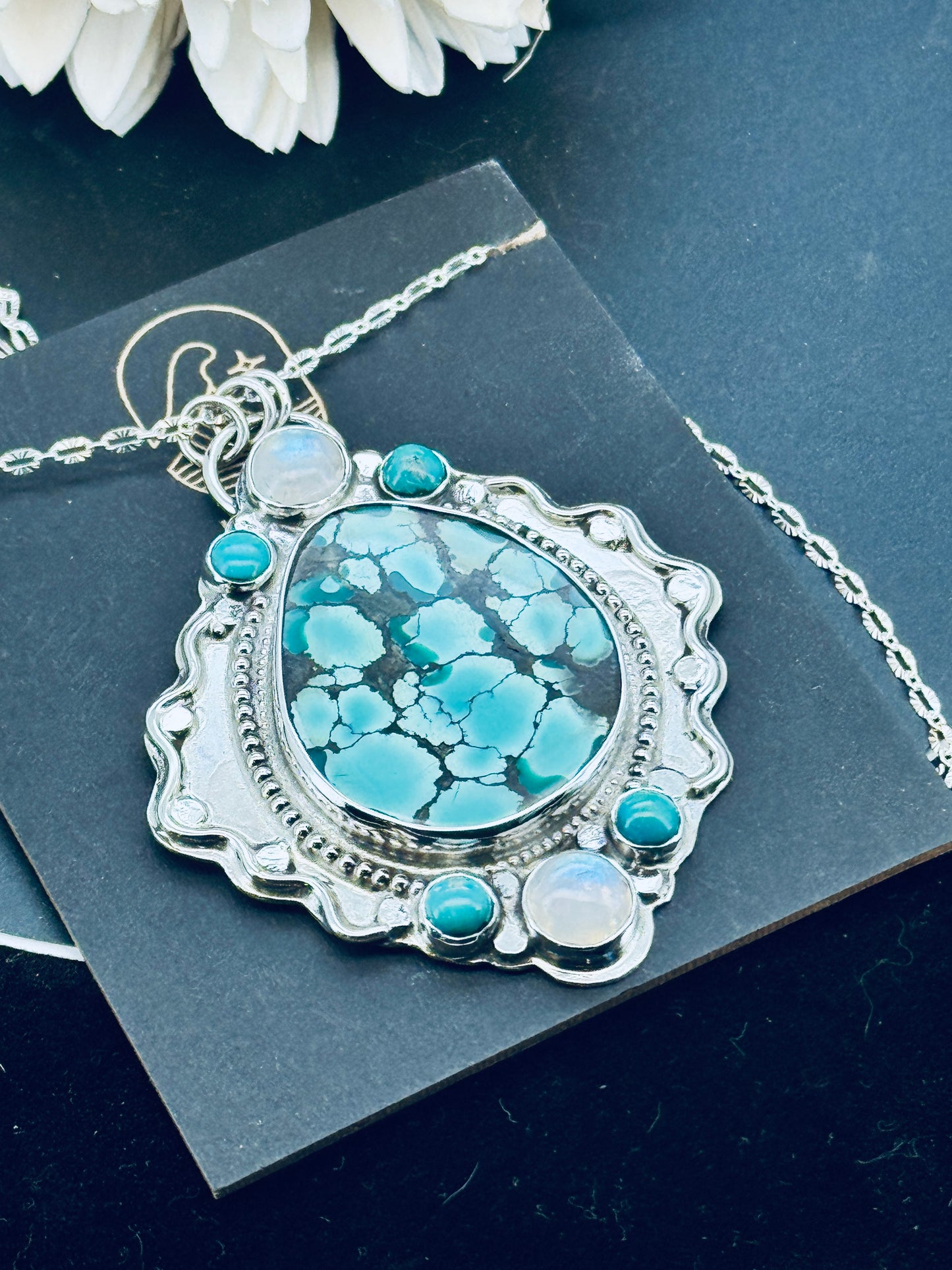 Hubei Turquoise and Rainbow Moonstone Statement Pendant