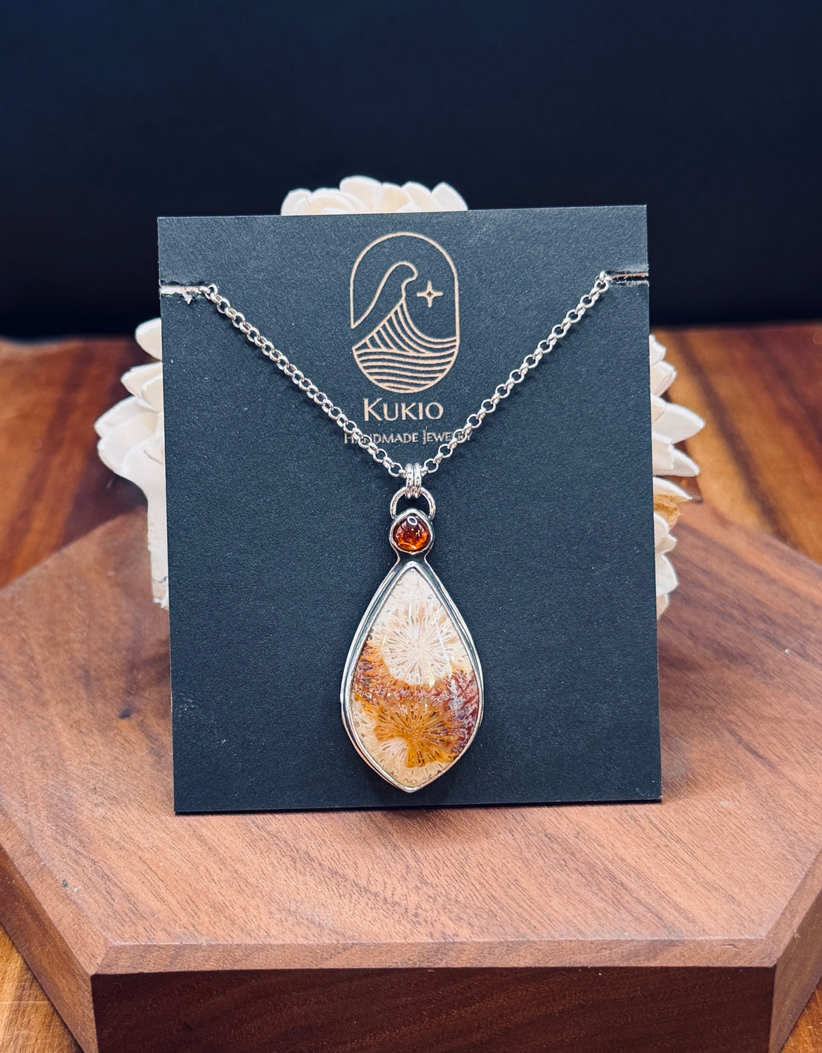 Sterling Silver Fossilized Coral and Hessonite Garnet Pendant