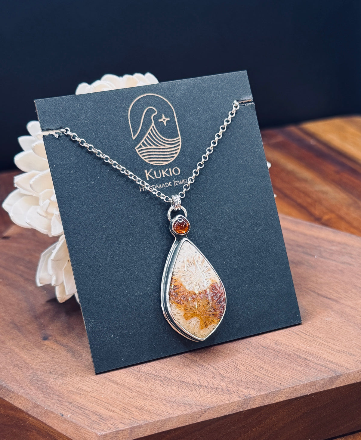 Sterling Silver Fossilized Coral and Hessonite Garnet Pendant