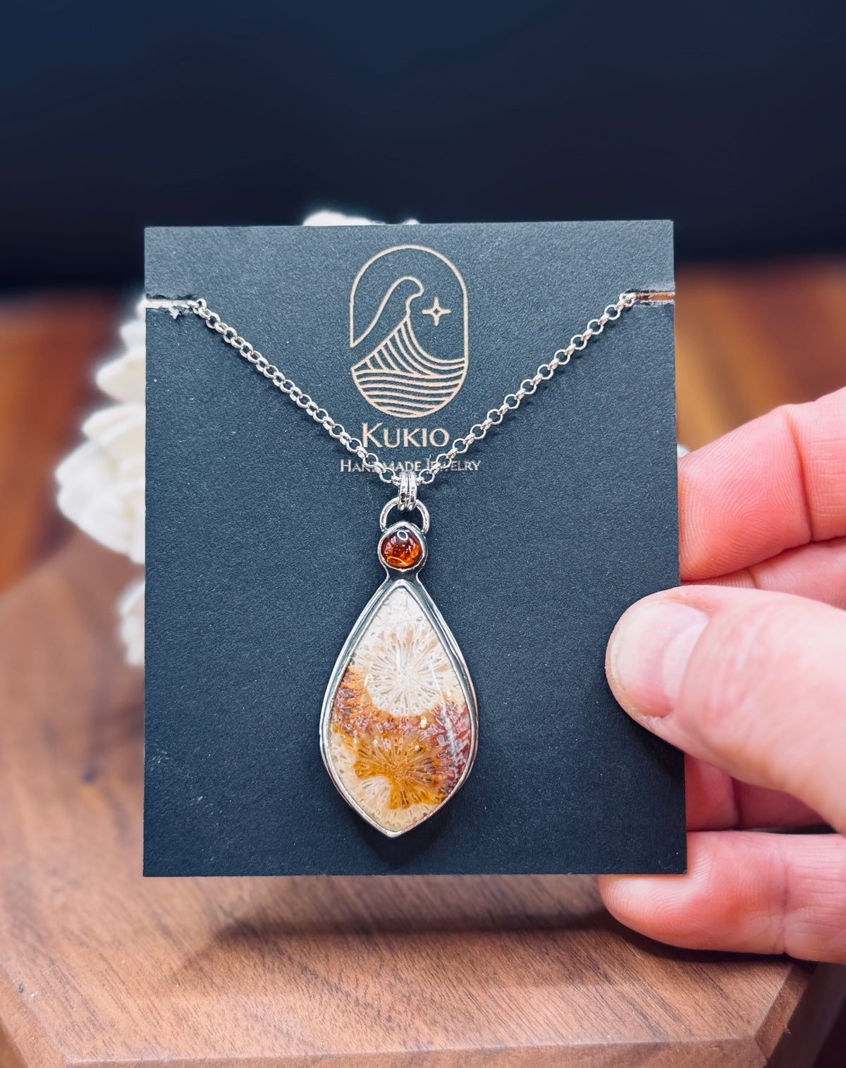 Sterling Silver Fossilized Coral and Hessonite Garnet Pendant