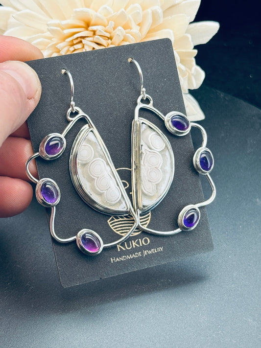 Sterling Silver Orbicular Agate and Amethyst Earrings