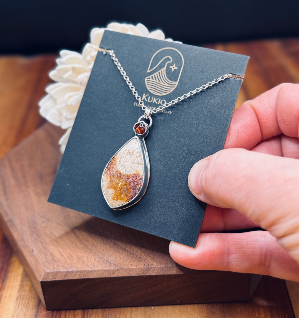 Sterling Silver Fossilized Coral and Hessonite Garnet Pendant