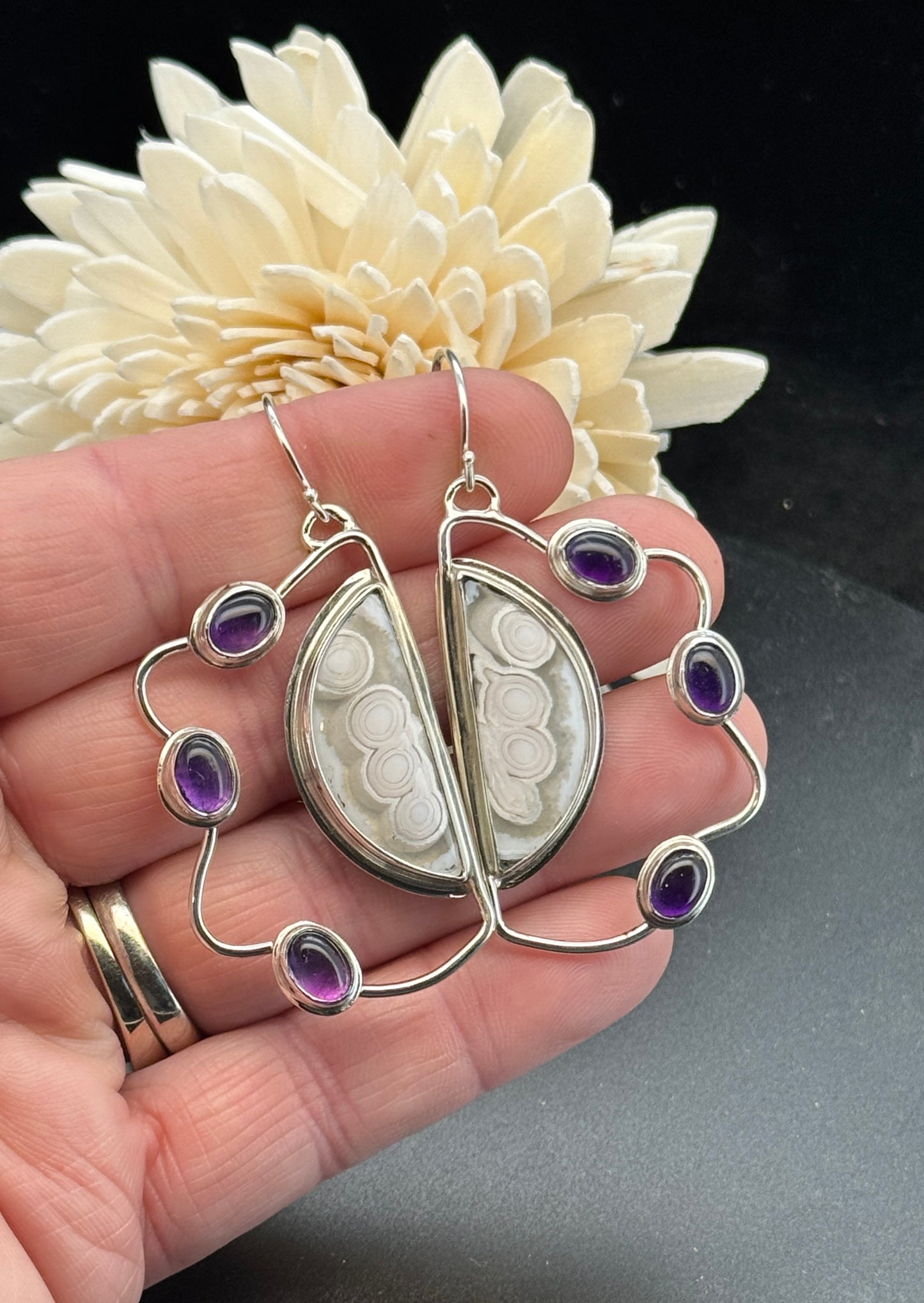 Sterling Silver Orbicular Agate and Amethyst Earrings