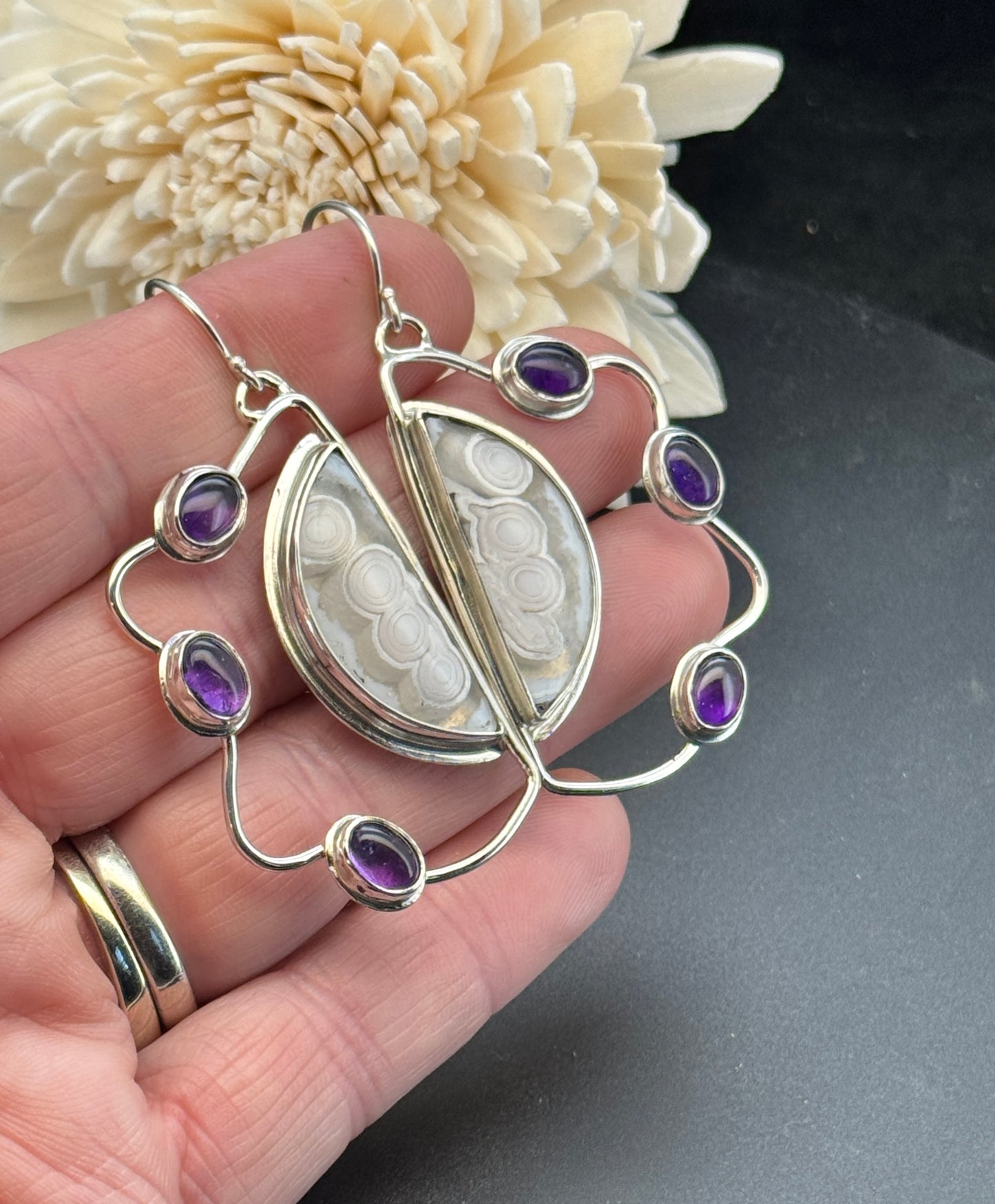 Sterling Silver Orbicular Agate and Amethyst Earrings
