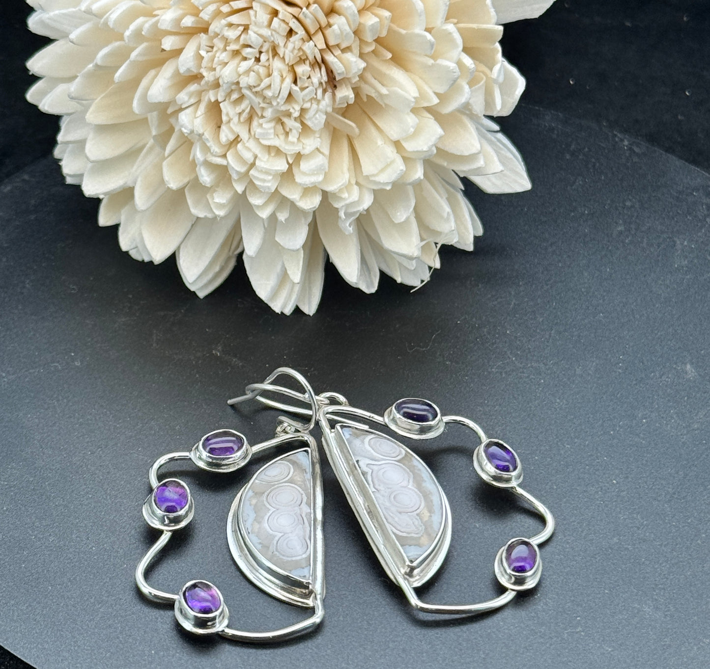 Sterling Silver Orbicular Agate and Amethyst Earrings