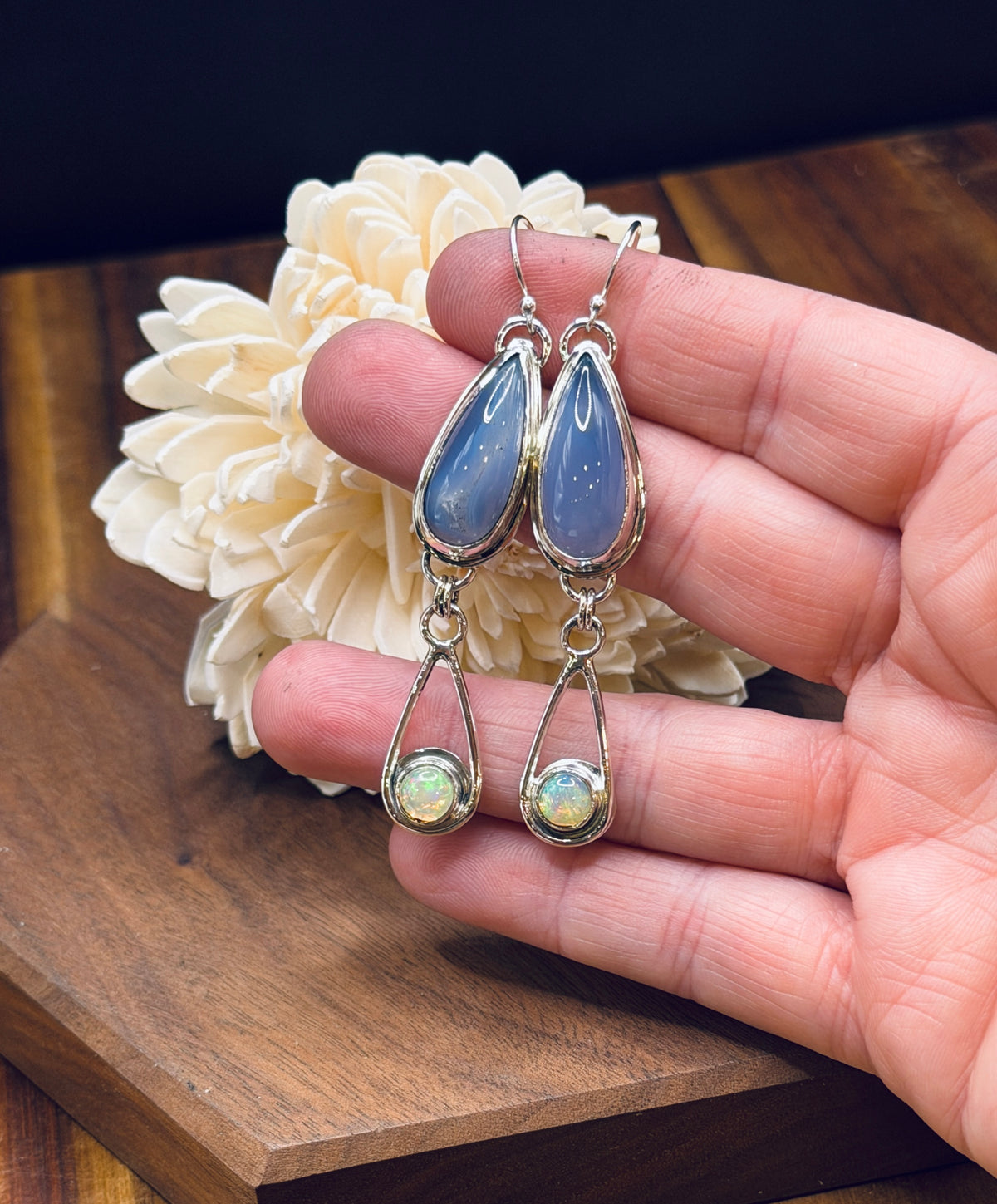 Natural Namibian Chalcedony and Opal Sterling Silver Earrings