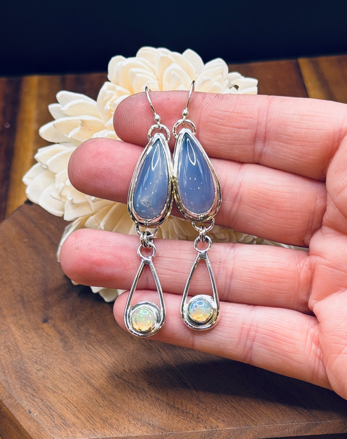 Natural Namibian Chalcedony and Opal Sterling Silver Earrings