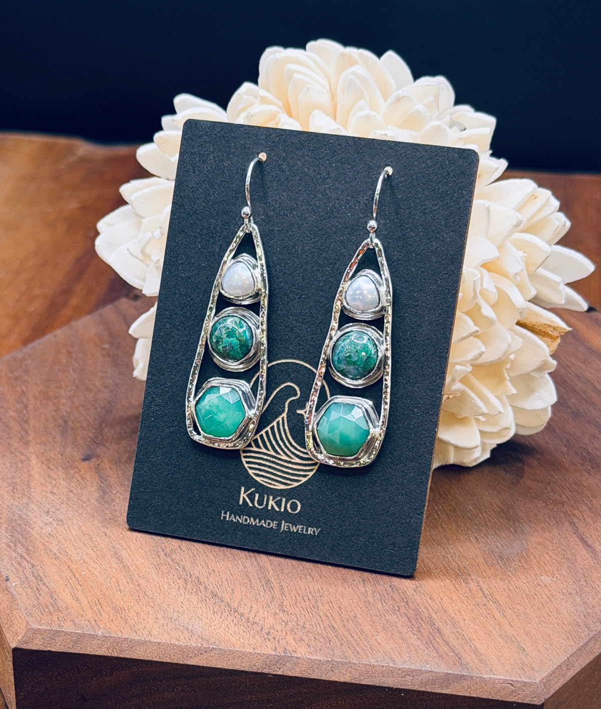 Chrysocolla, Chrysoprase, and Pearl Sterling SIlver Earrings