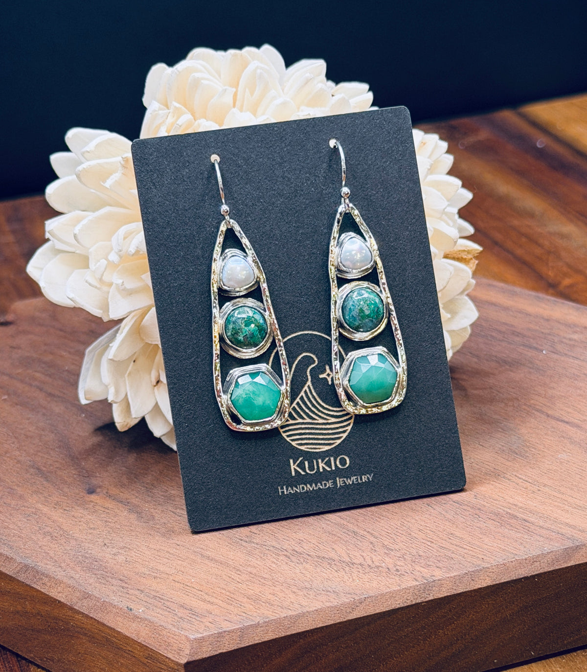 Chrysocolla, Chrysoprase, and Pearl Sterling SIlver Earrings