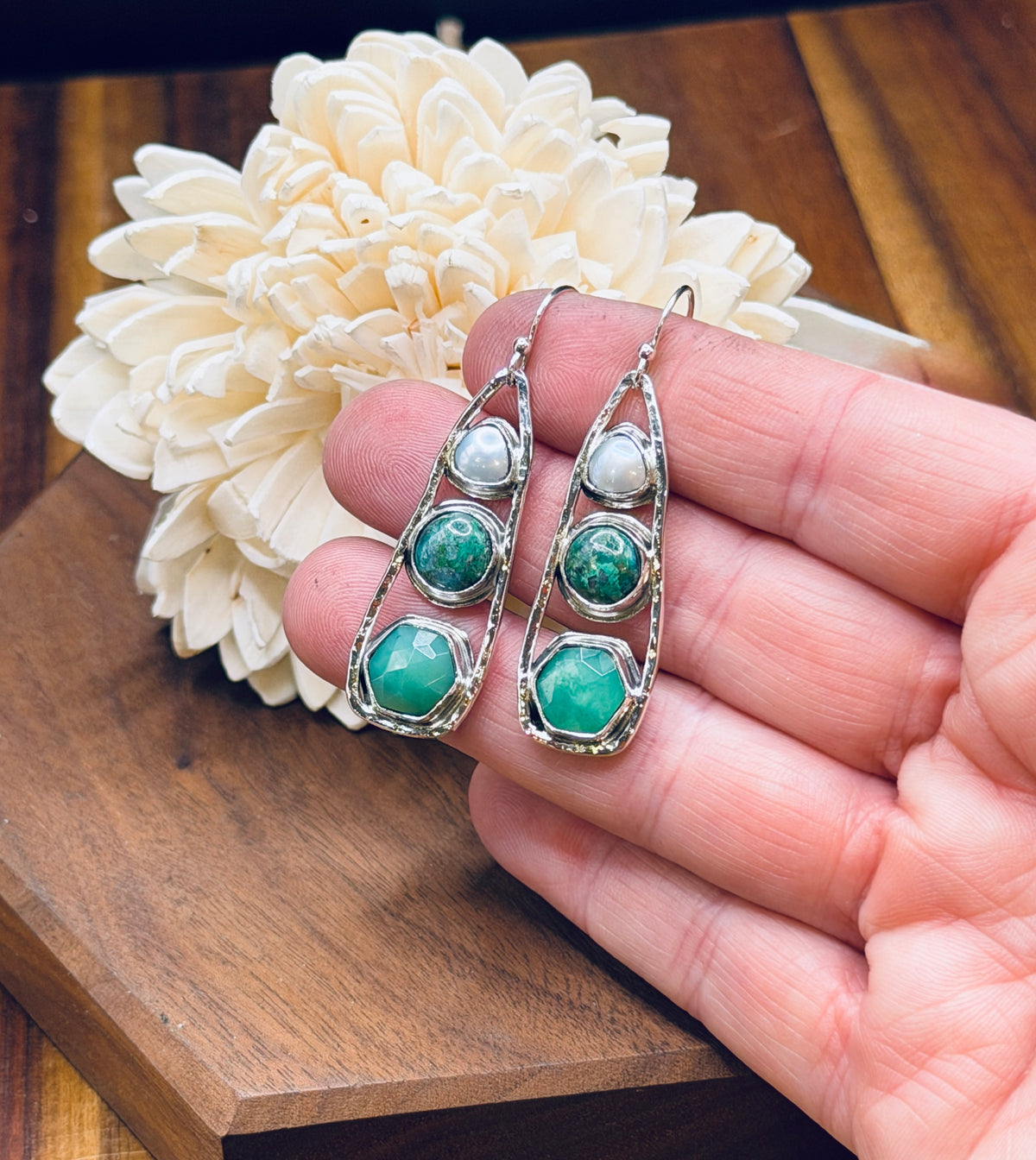 Chrysocolla, Chrysoprase, and Pearl Sterling SIlver Earrings