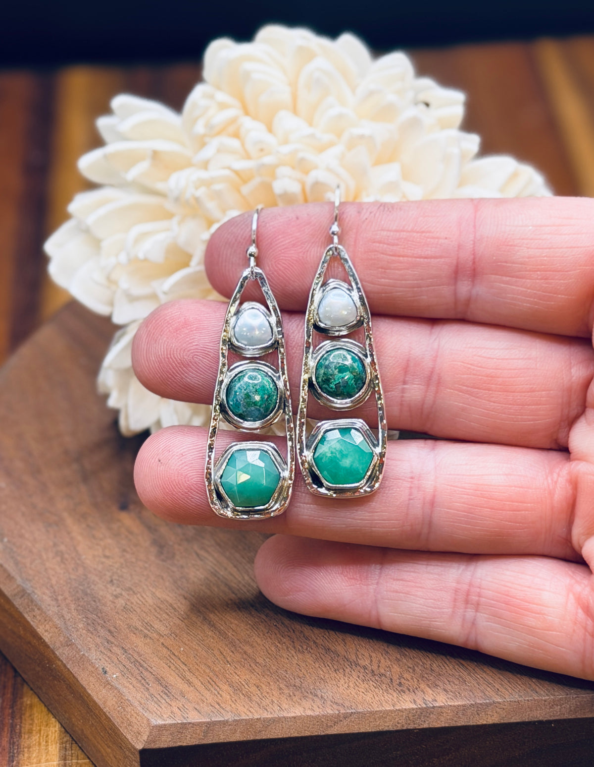 Chrysocolla, Chrysoprase, and Pearl Sterling SIlver Earrings