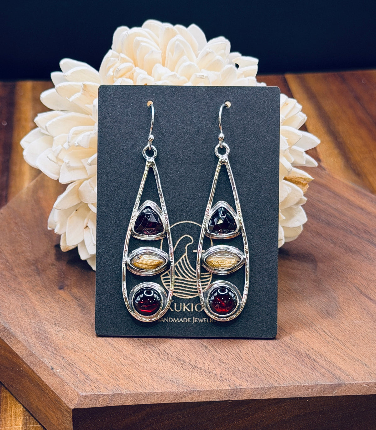 Sterling Silver Teardrop Garnet and Golden Rutilated Quartz Earrings