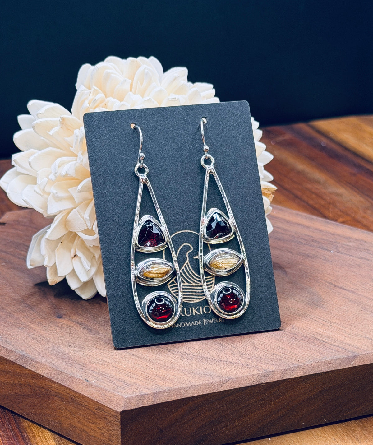 Sterling Silver Teardrop Garnet and Golden Rutilated Quartz Earrings