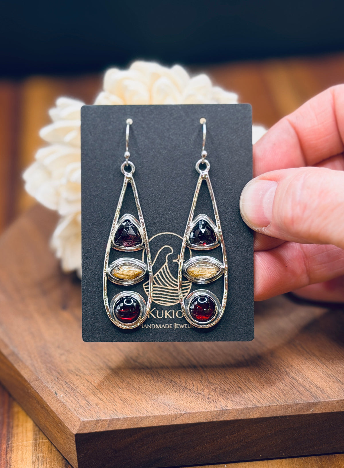 Sterling Silver Teardrop Garnet and Golden Rutilated Quartz Earrings