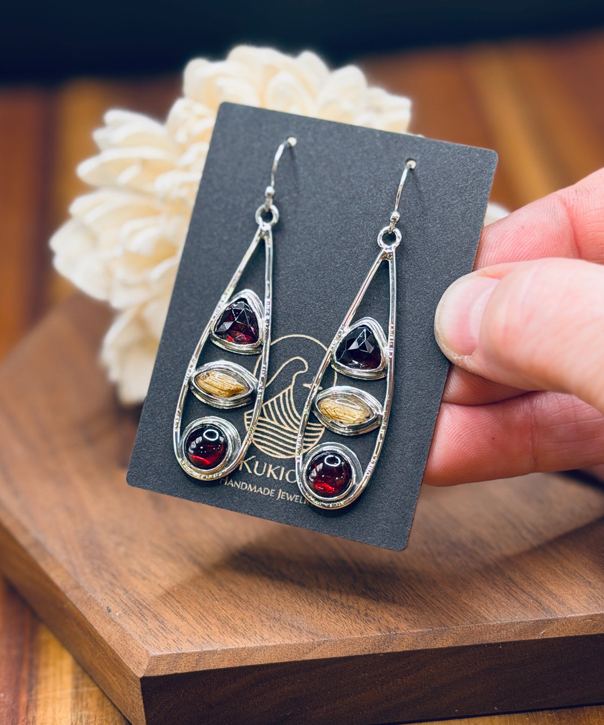 Sterling Silver Teardrop Garnet and Golden Rutilated Quartz Earrings