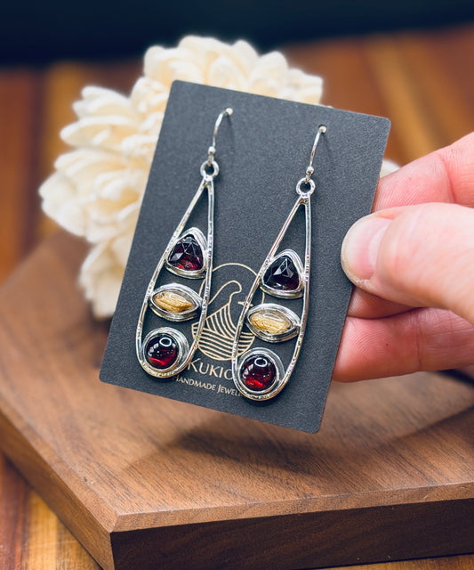 Sterling Silver Teardrop Garnet and Golden Rutilated Quartz Earrings