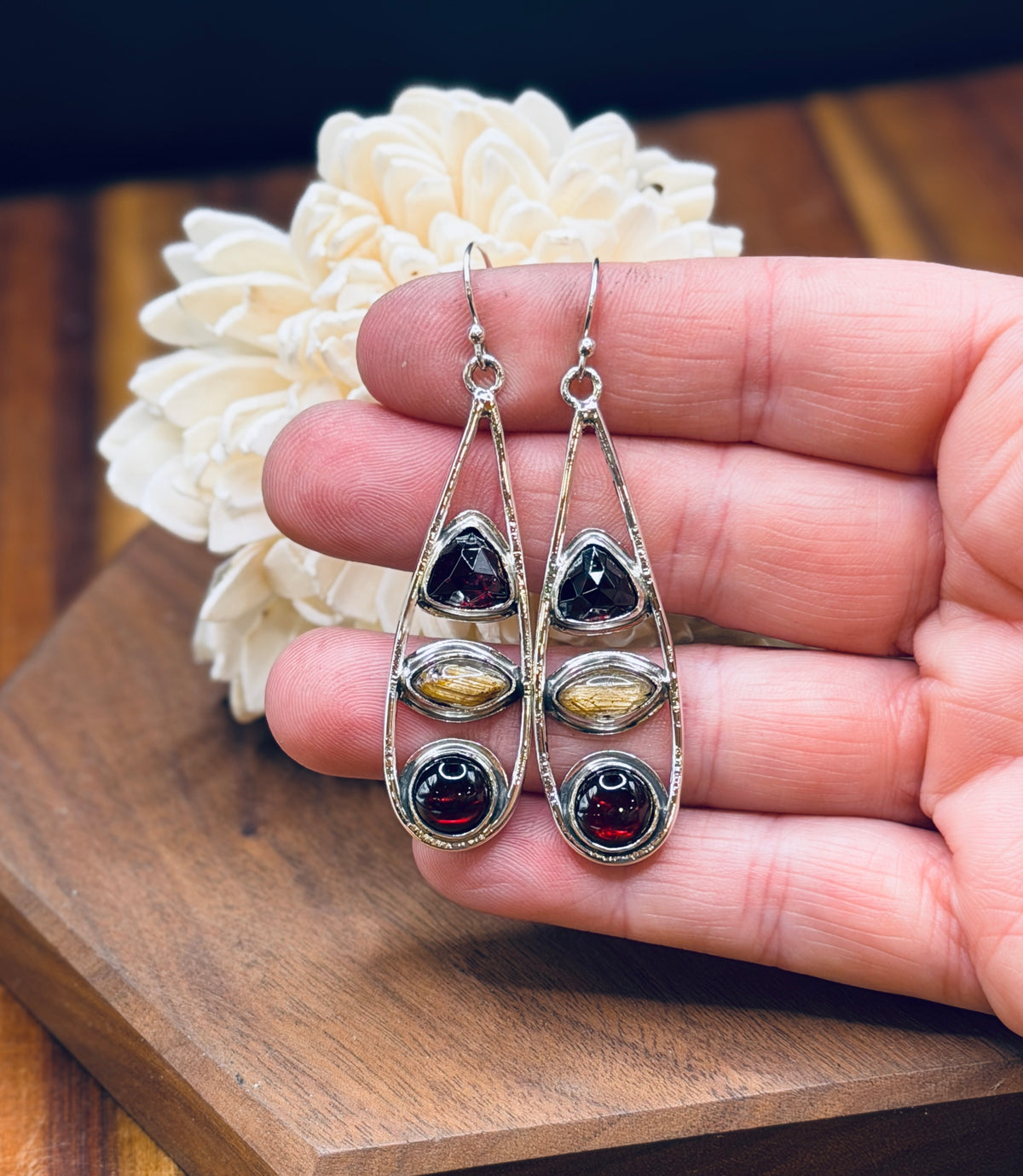 Sterling Silver Teardrop Garnet and Golden Rutilated Quartz Earrings