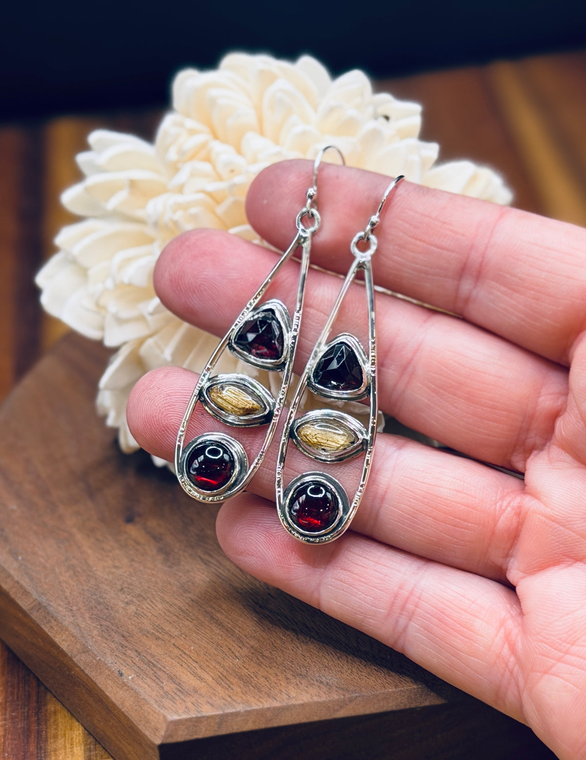 Sterling Silver Teardrop Garnet and Golden Rutilated Quartz Earrings