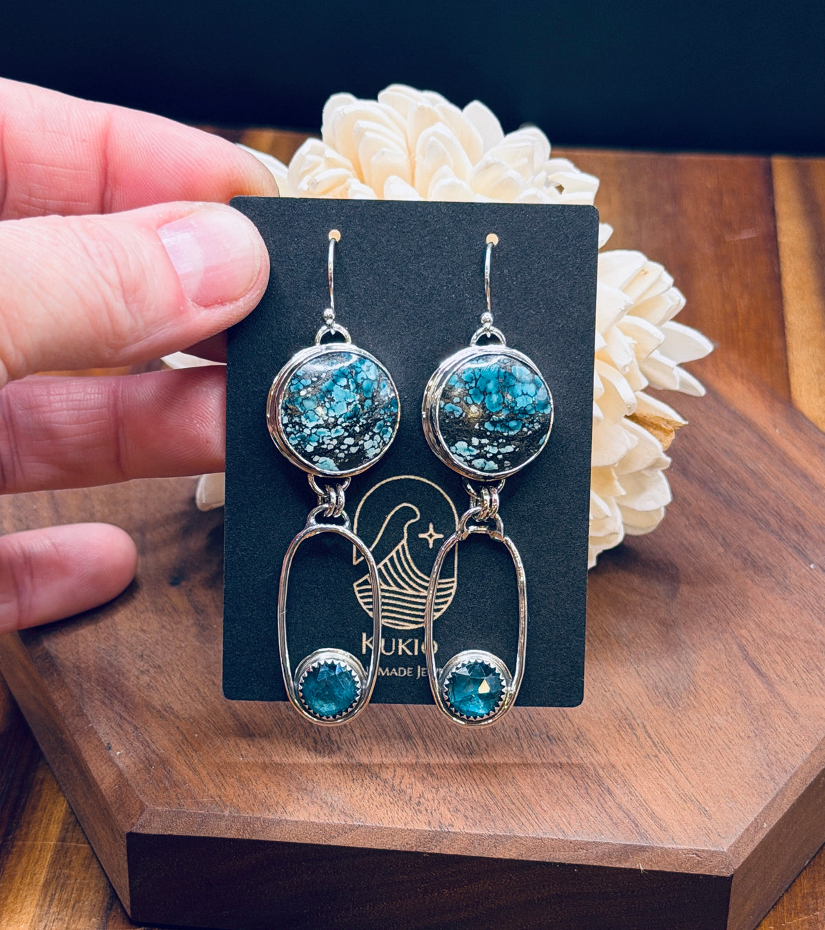 Sterling Silver Seafoam Turquoise and Neon Kyanite Earrings