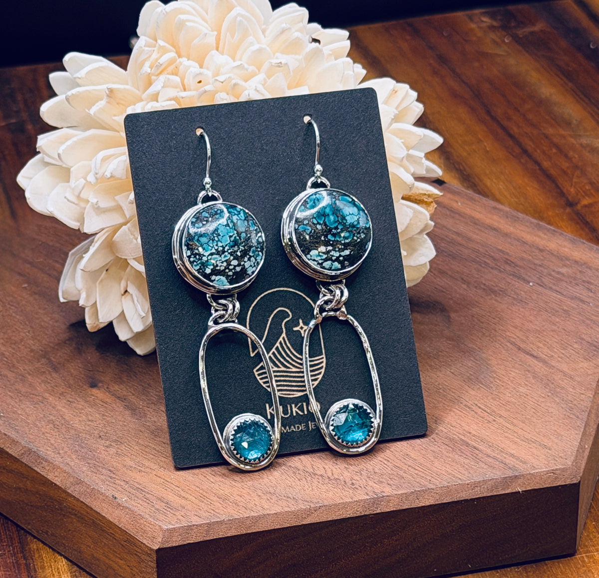Sterling Silver Seafoam Turquoise and Neon Kyanite Earrings