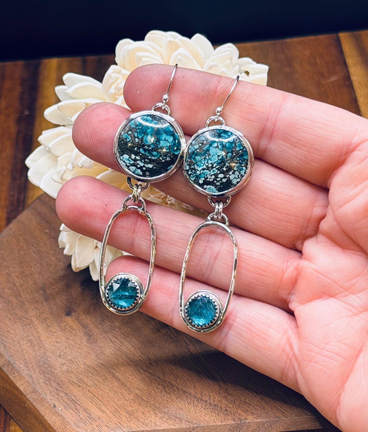 Sterling Silver Seafoam Turquoise and Neon Kyanite Earrings