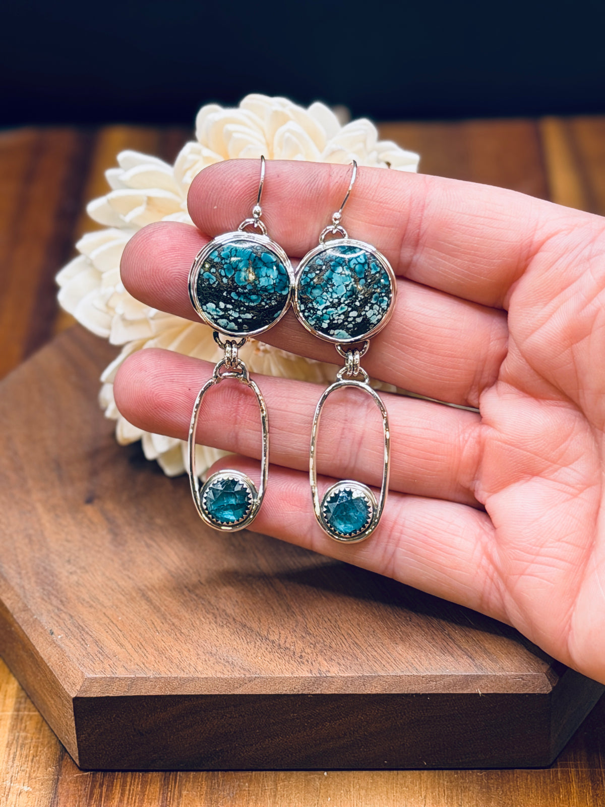 Sterling Silver Seafoam Turquoise and Neon Kyanite Earrings