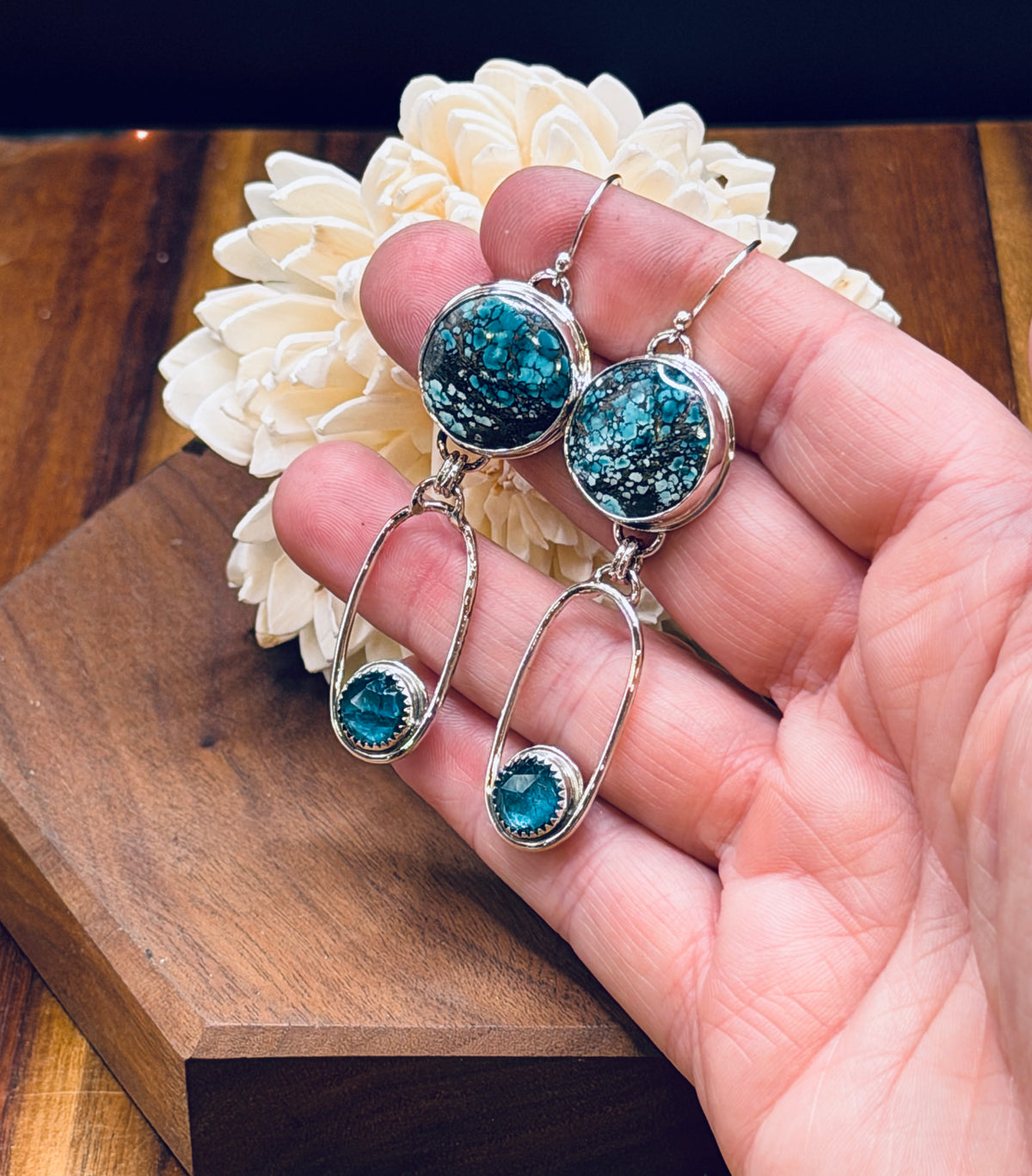 Sterling Silver Seafoam Turquoise and Neon Kyanite Earrings