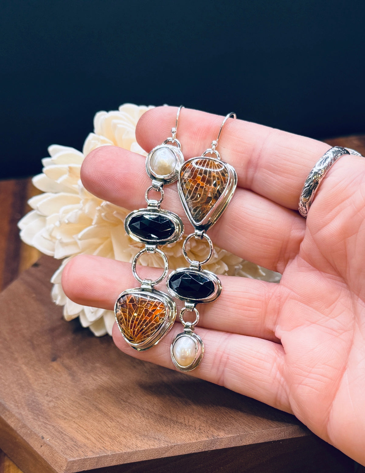 Spiderweb Fossilized Coral with Black onyx and Pearl Sterling Silver Earrings