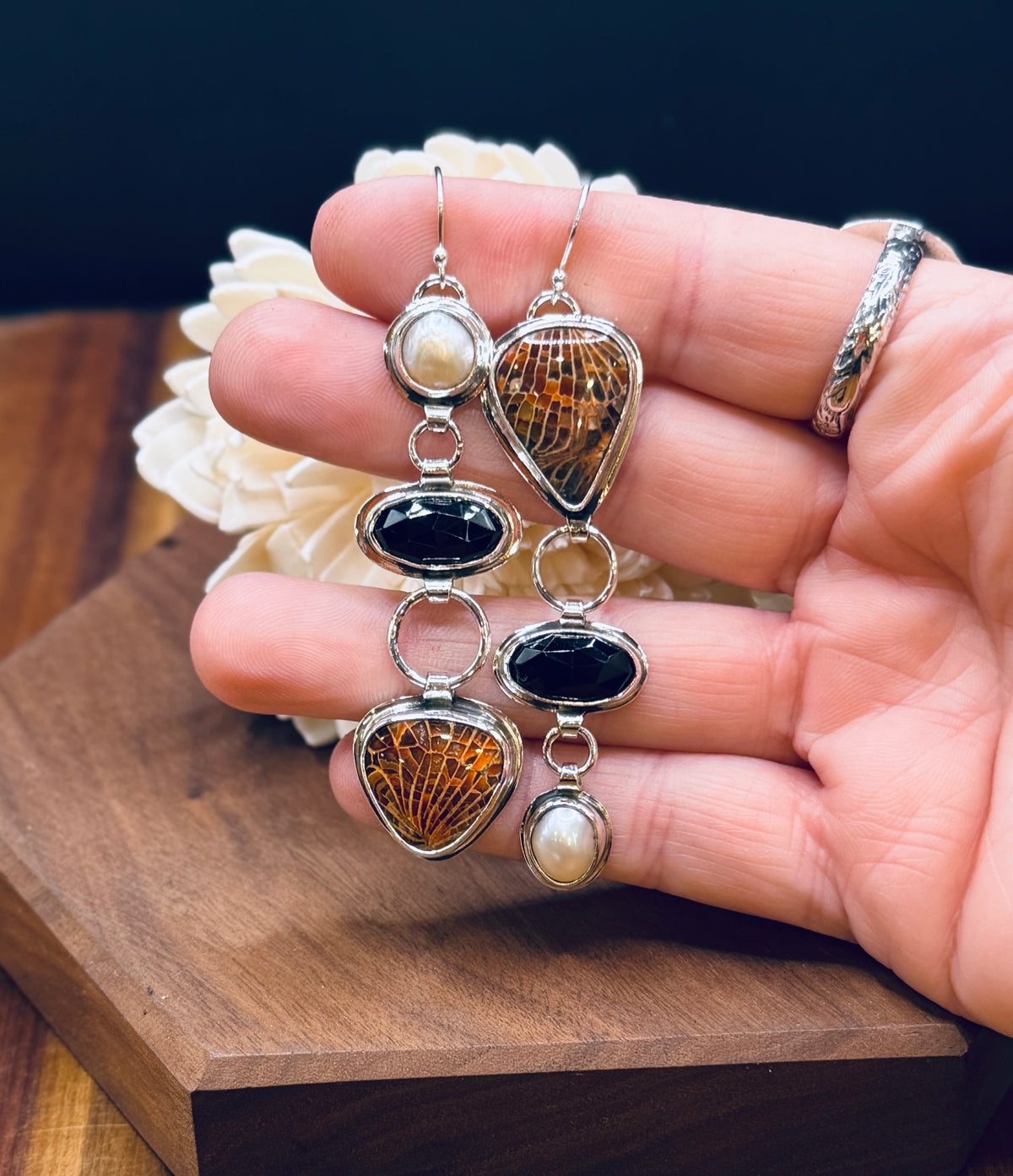 Spiderweb Fossilized Coral with Black onyx and Pearl Sterling Silver Earrings