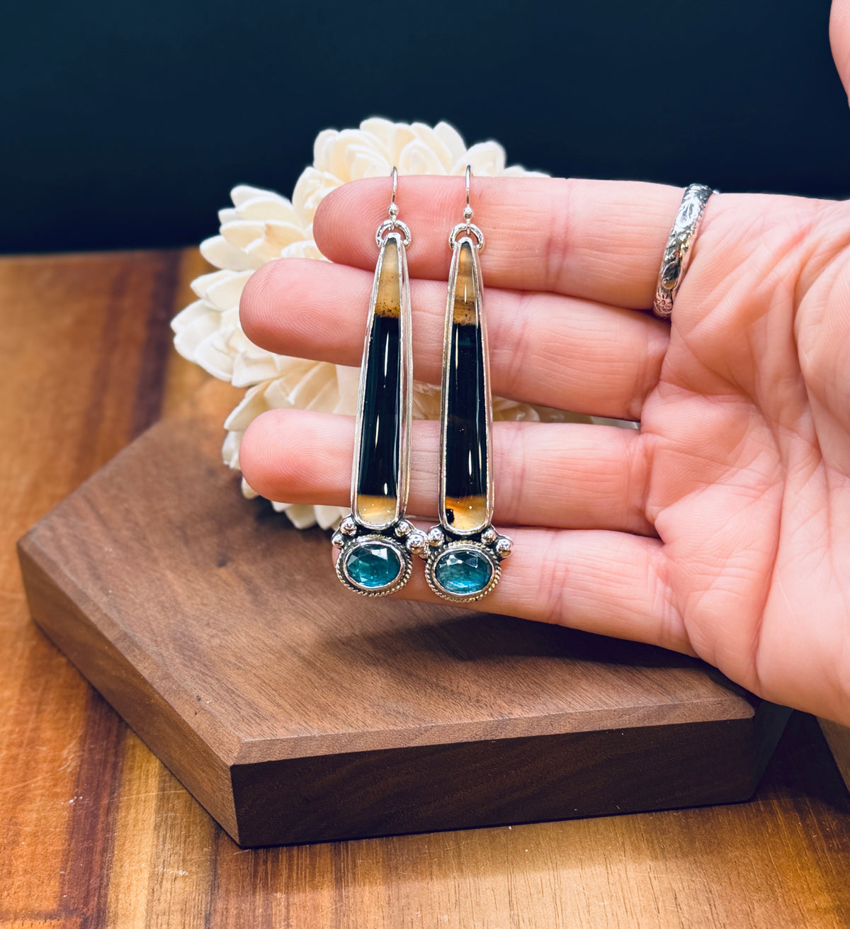 Montana Agate with Teal Fluorite Sterling Silver Earrings