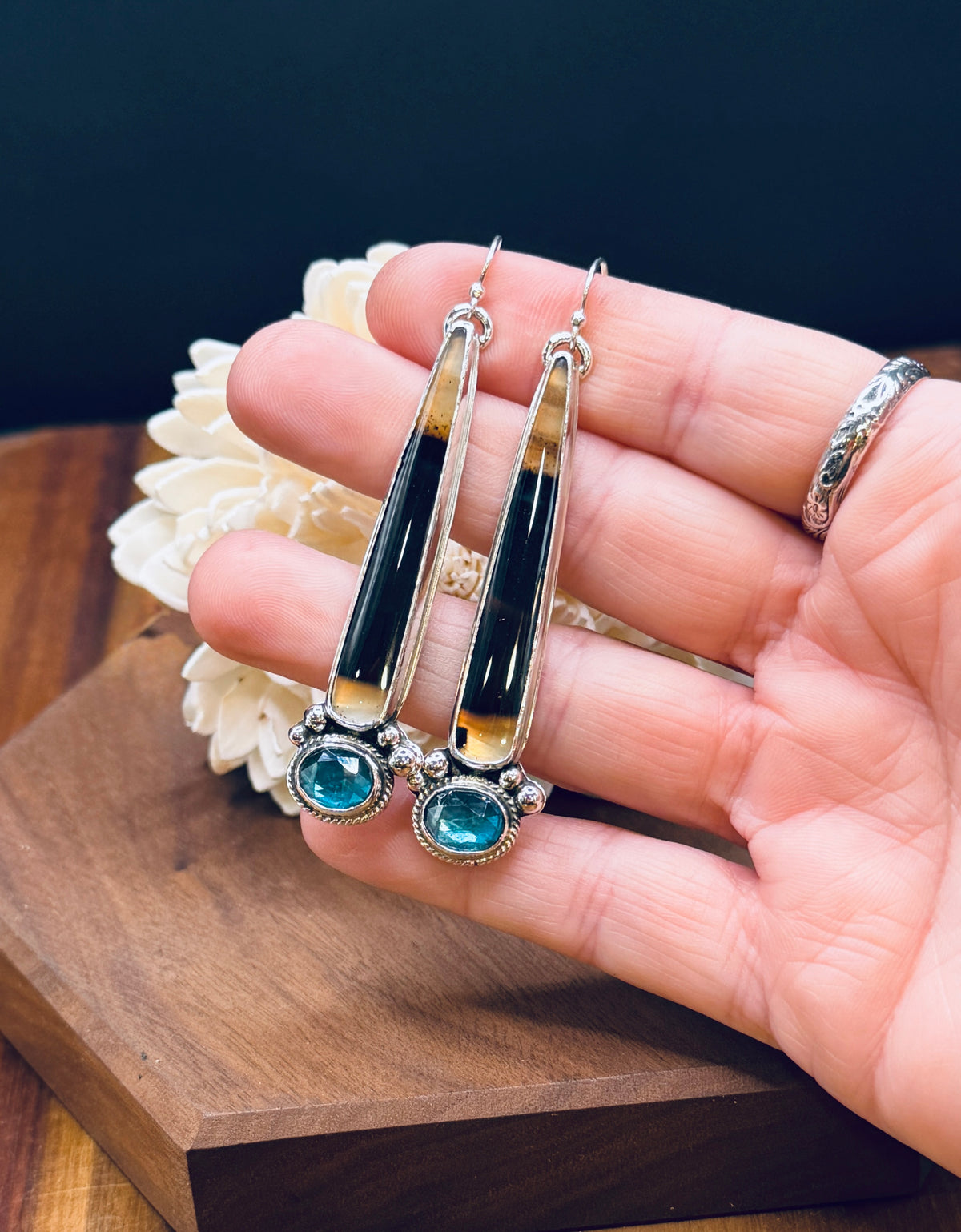 Montana Agate with Teal Fluorite Sterling Silver Earrings