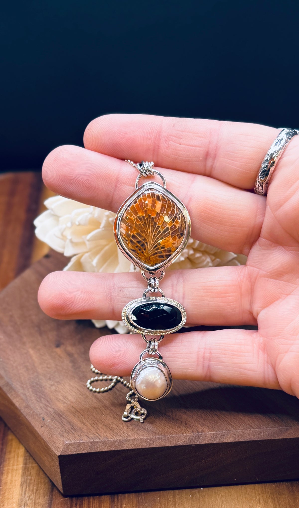 Spiderweb Fossilized Coral with Onyx and Pearl Sterling Silver Pendant