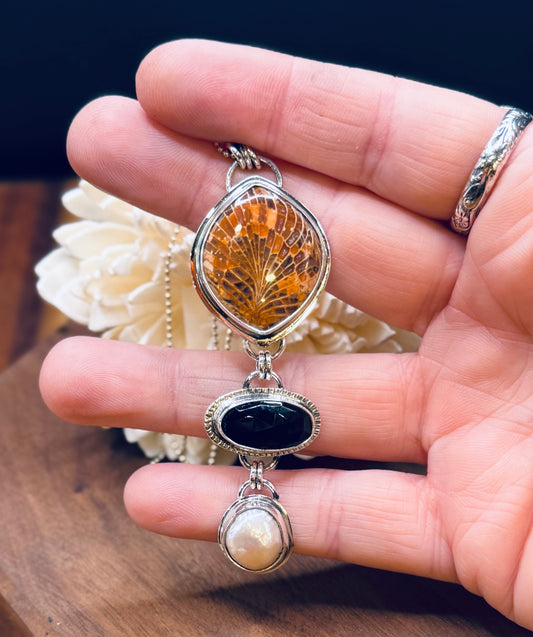 Spiderweb Fossilized Coral with Onyx and Pearl Sterling Silver Pendant