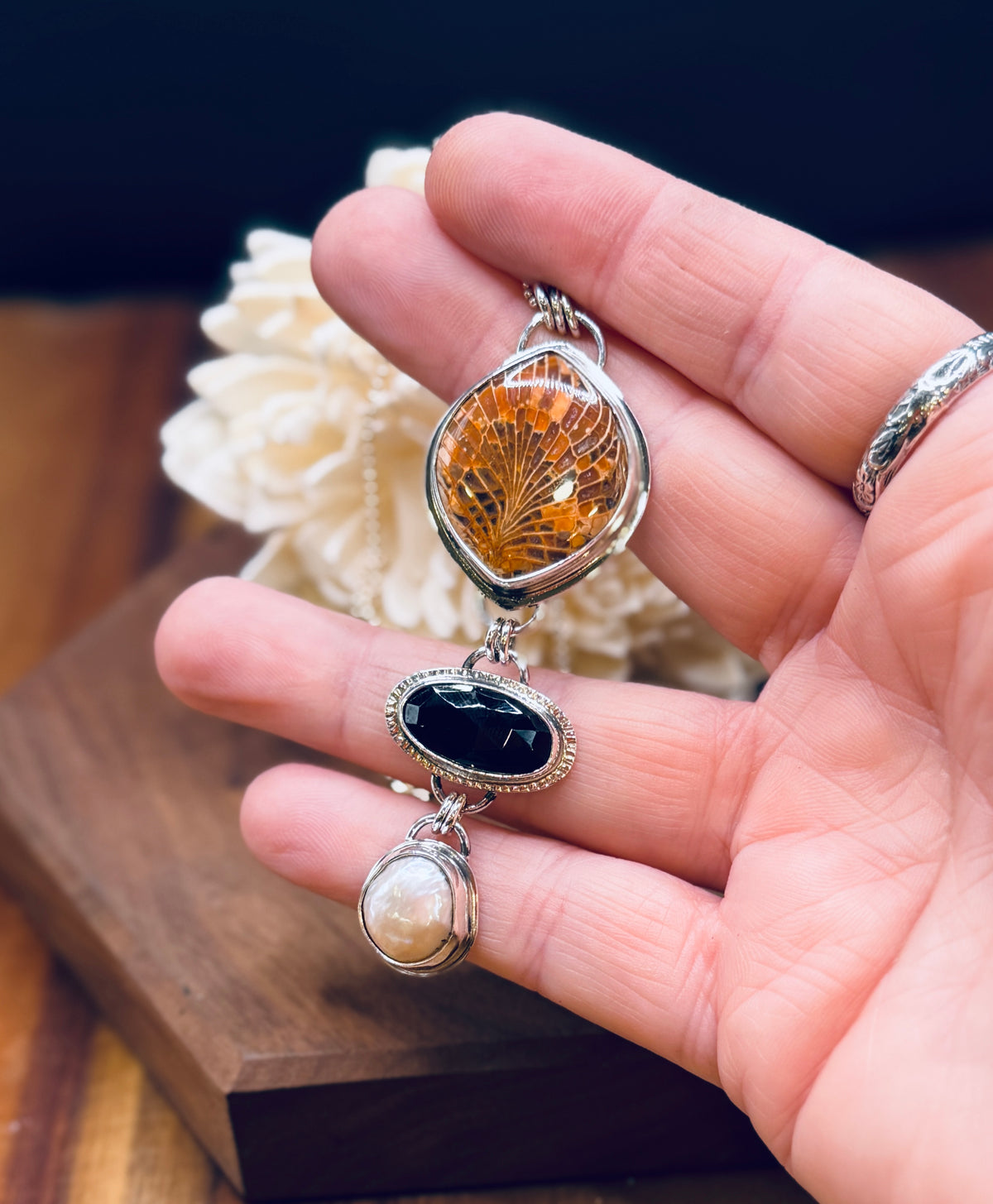 Spiderweb Fossilized Coral with Onyx and Pearl Sterling Silver Pendant