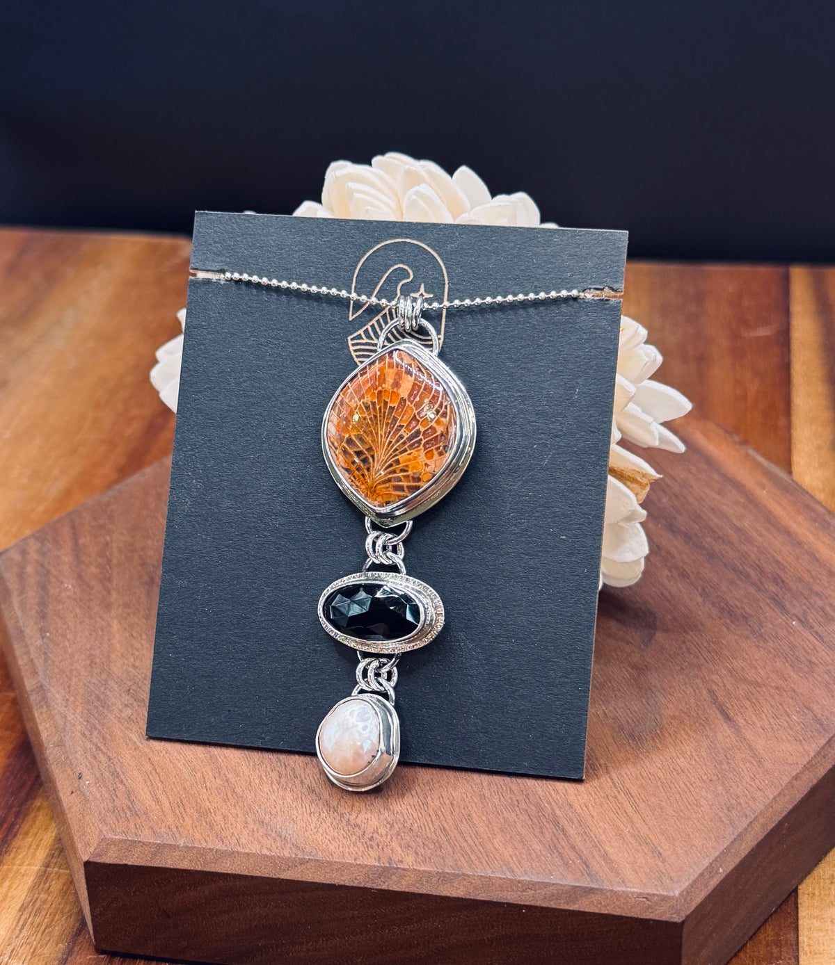 Spiderweb Fossilized Coral with Onyx and Pearl Sterling Silver Pendant