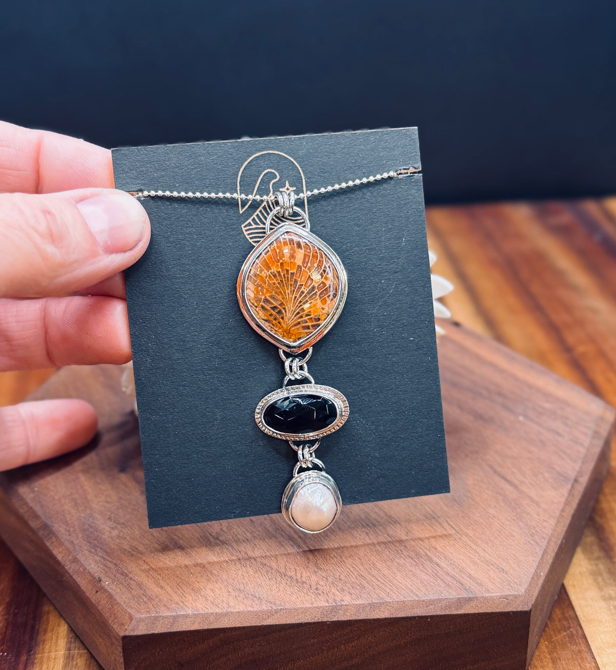 Spiderweb Fossilized Coral with Onyx and Pearl Sterling Silver Pendant