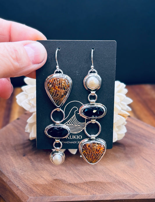 Spiderweb Fossilized Coral with Black onyx and Pearl Sterling Silver Earrings