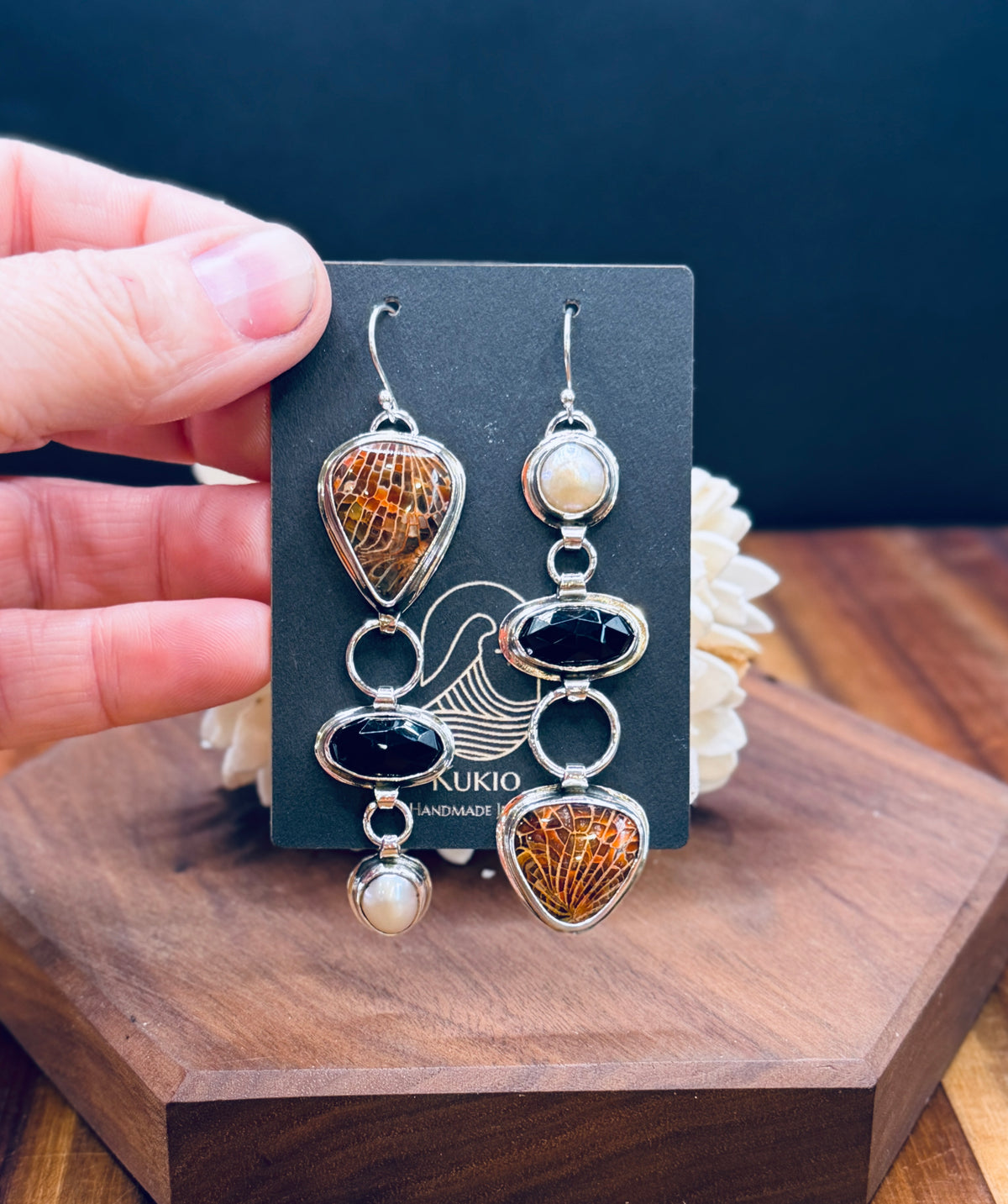 Spiderweb Fossilized Coral with Black onyx and Pearl Sterling Silver Earrings