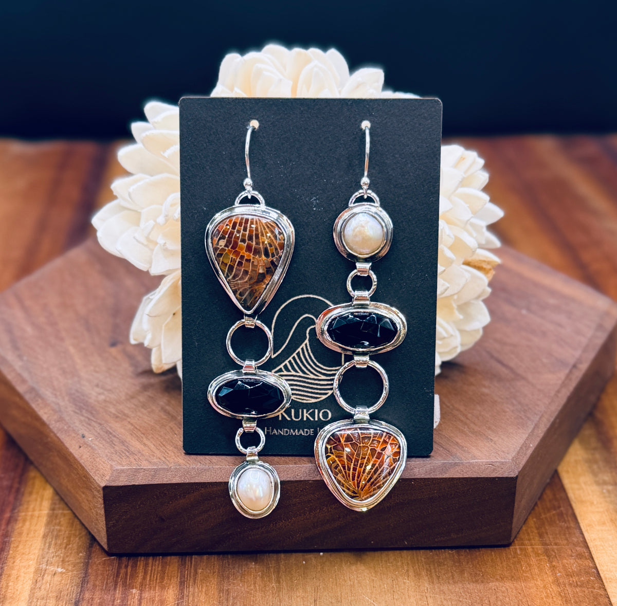 Spiderweb Fossilized Coral with Black onyx and Pearl Sterling Silver Earrings