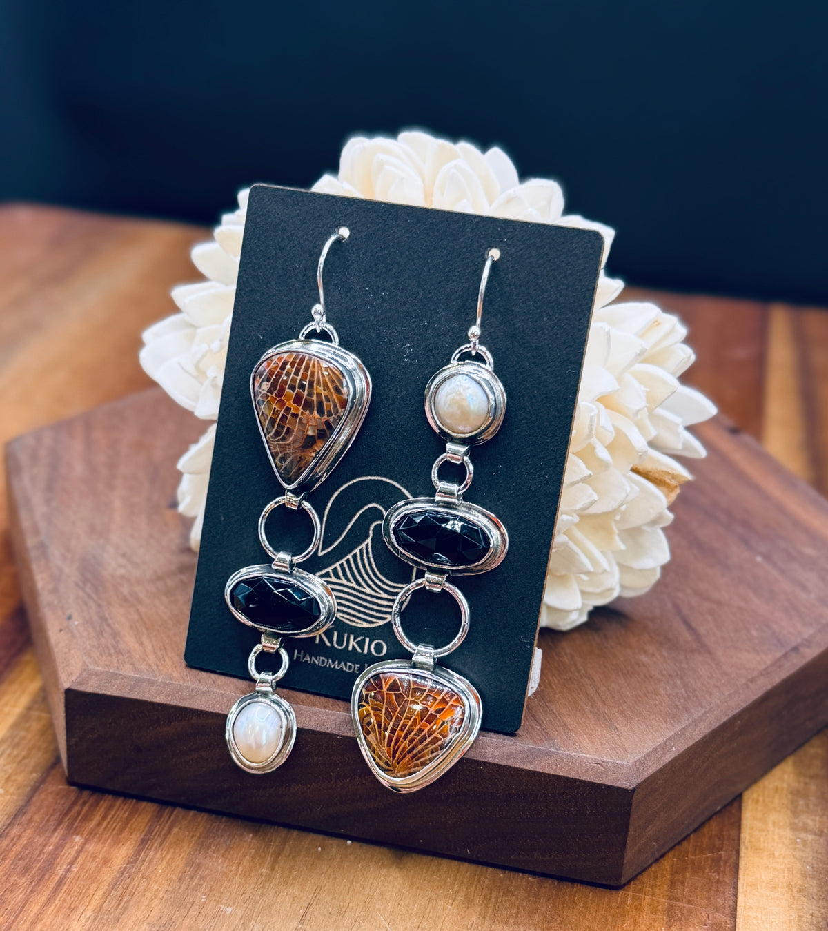 Spiderweb Fossilized Coral with Black onyx and Pearl Sterling Silver Earrings