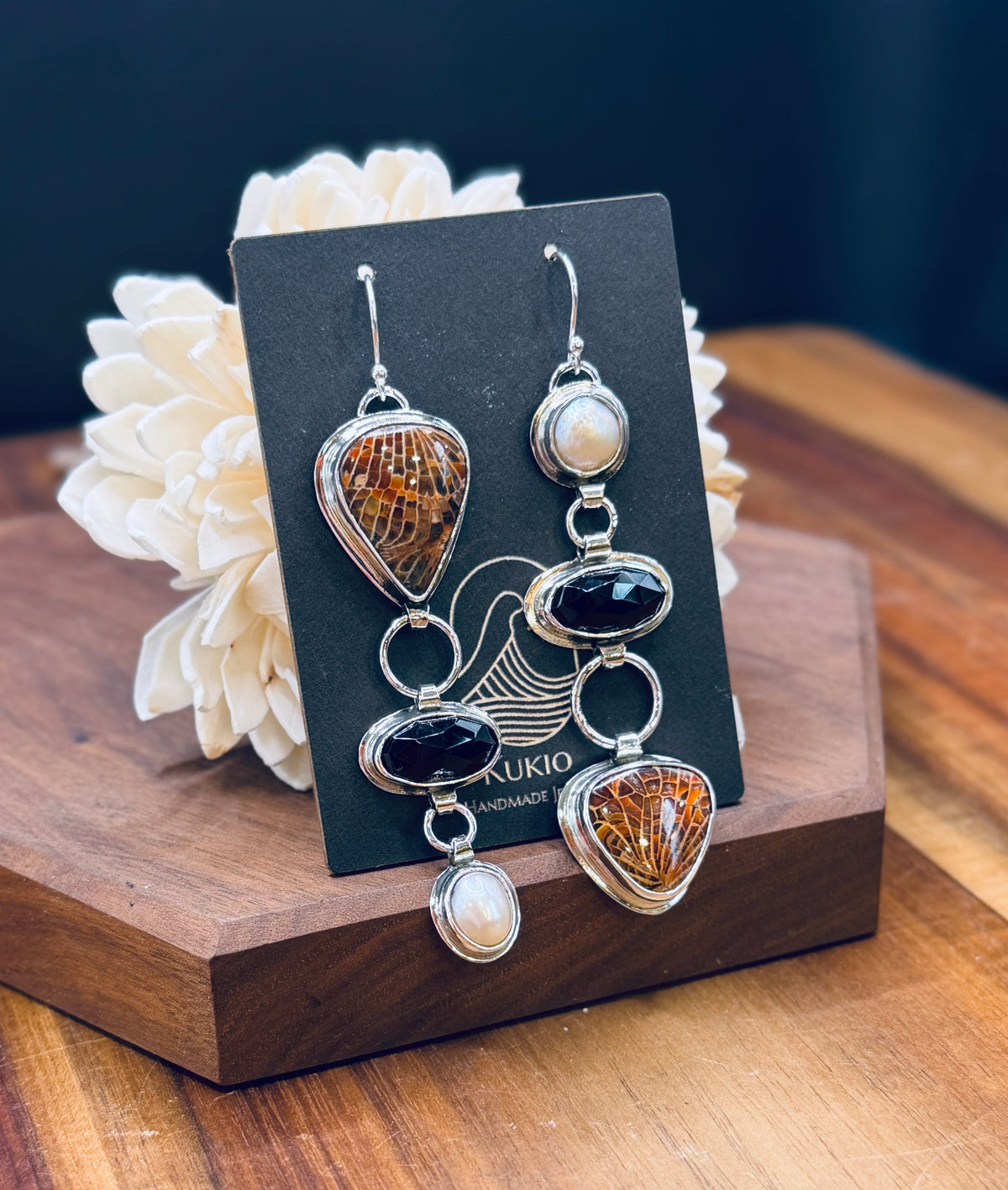Spiderweb Fossilized Coral with Black onyx and Pearl Sterling Silver Earrings