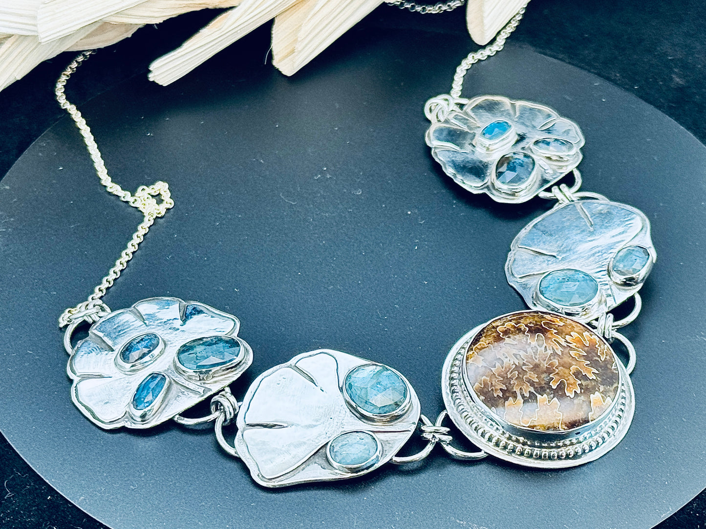 Sterling Silver Ginko Leaf Ammonite with Kyanite Statement Necklace