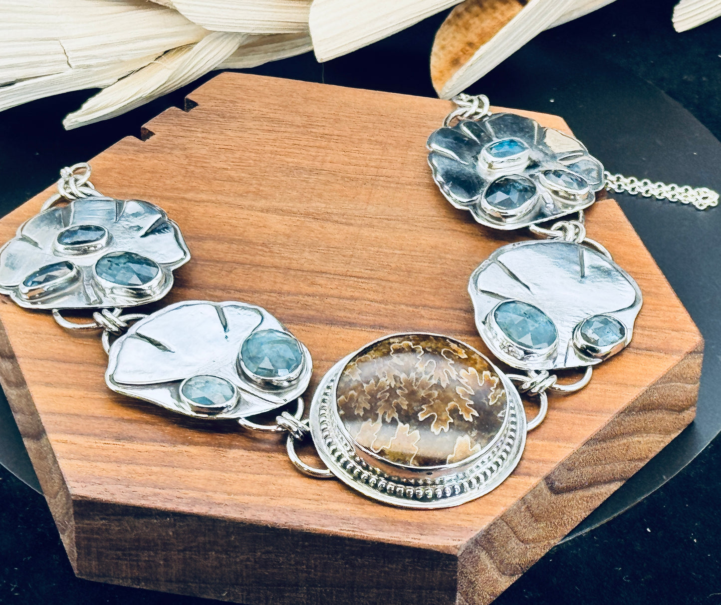 Sterling Silver Ginko Leaf Ammonite with Kyanite Statement Necklace