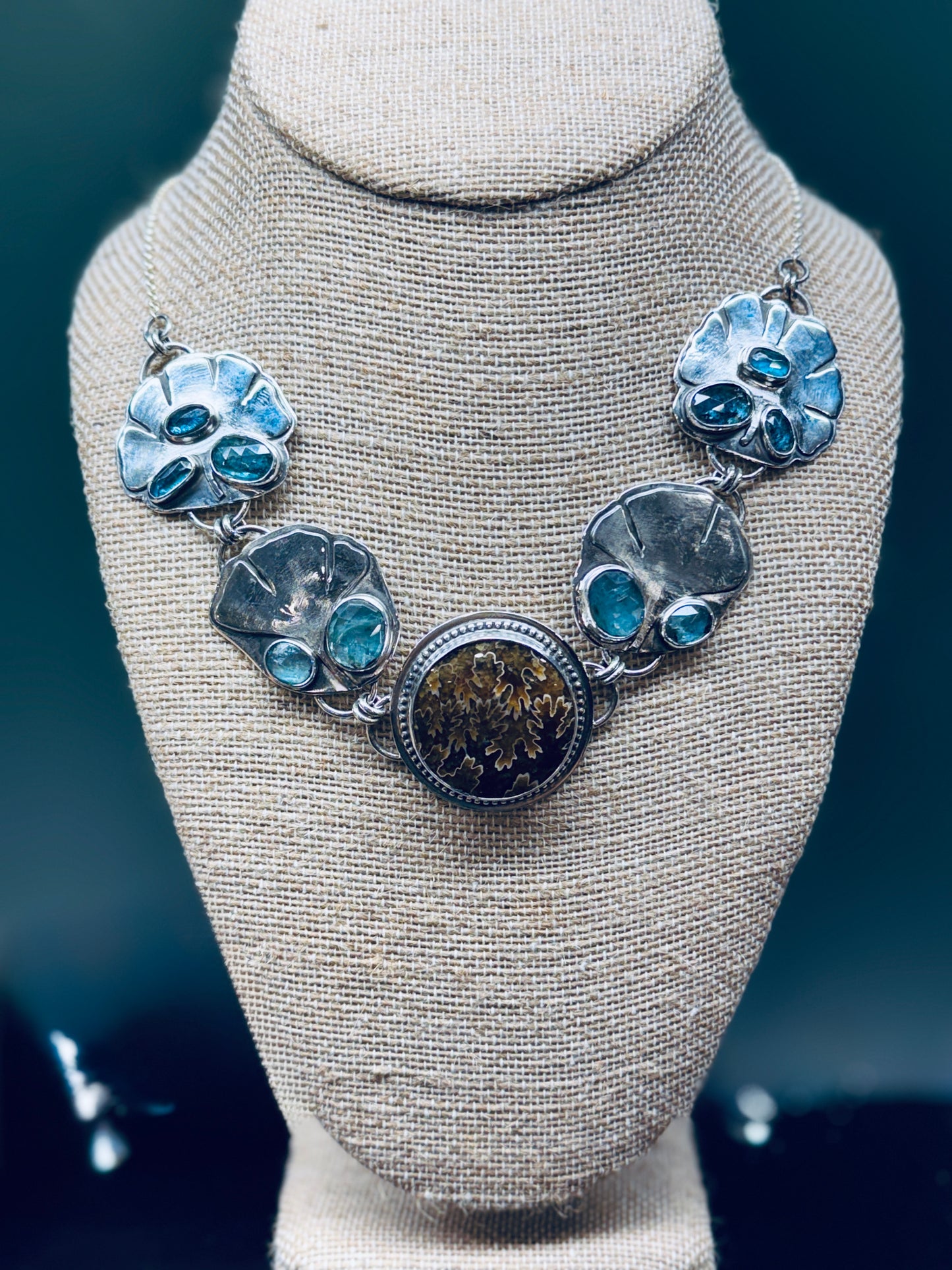 Sterling Silver Ginko Leaf Ammonite with Kyanite Statement Necklace